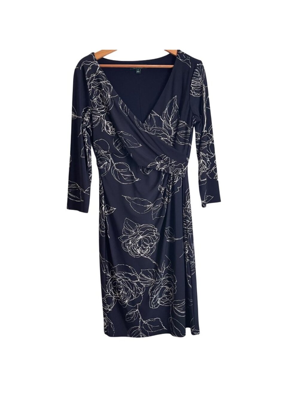 Lauren Ralph Lauren Women Floral Faux Wrap Dress Size 8 Navy Classic Elegant